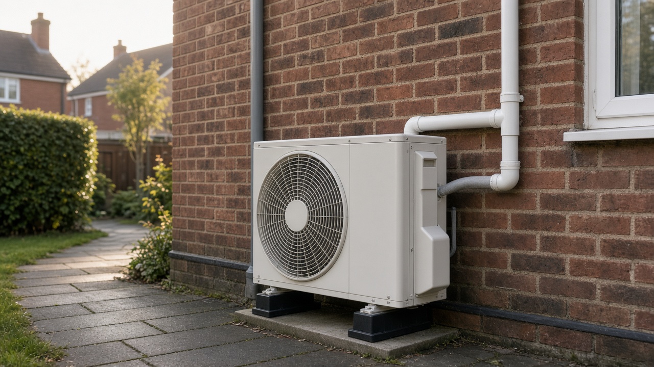 Outdoor air conditioning condenser on a UK house wall
