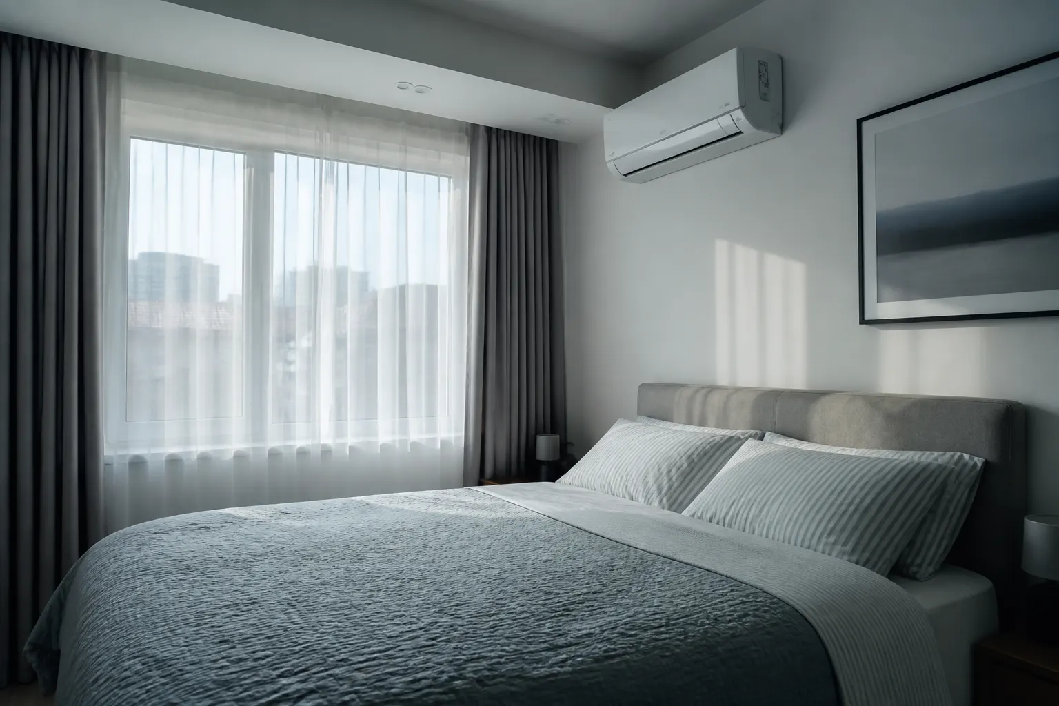 Bedroom in a London-style flat with a wall-mounted air conditioning unit