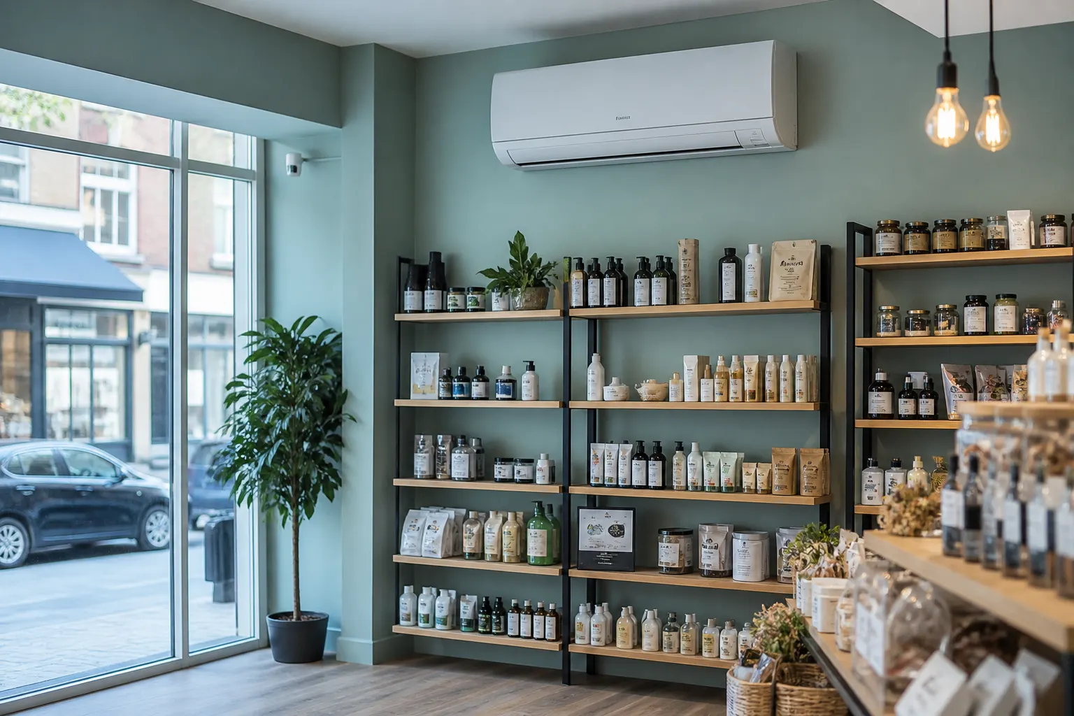 Small retail interior with wall-mounted cooling above the trading area