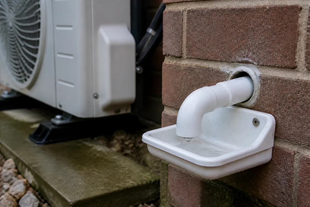 Condensate drain and outdoor pipework on a UK house wall