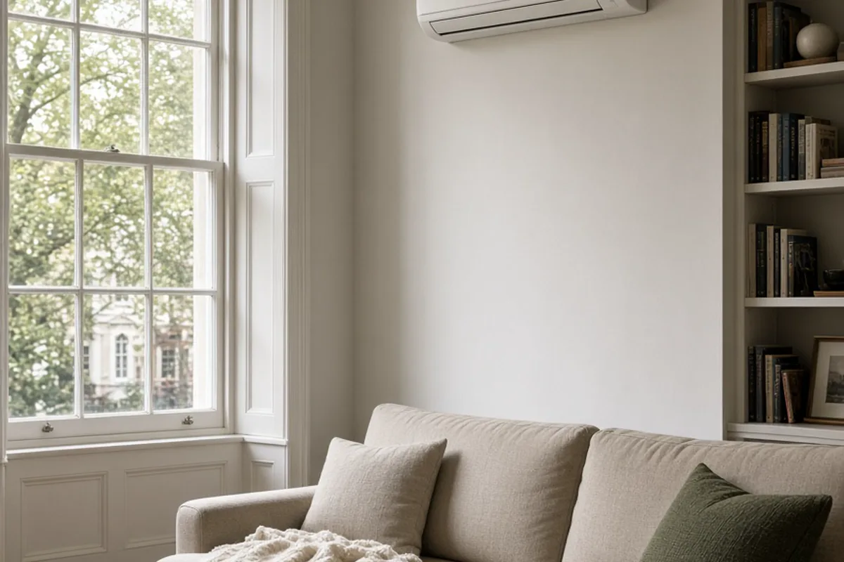 UK living room with a 3.5 kW wall-mounted split air conditioner above a sofa