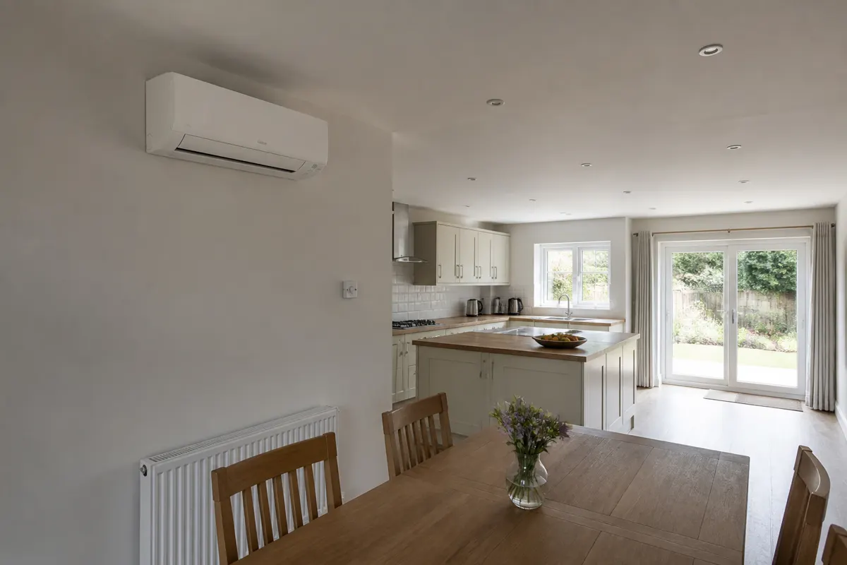 Wall-mounted air conditioner in a UK open-plan kitchen diner with glazed rear doors
