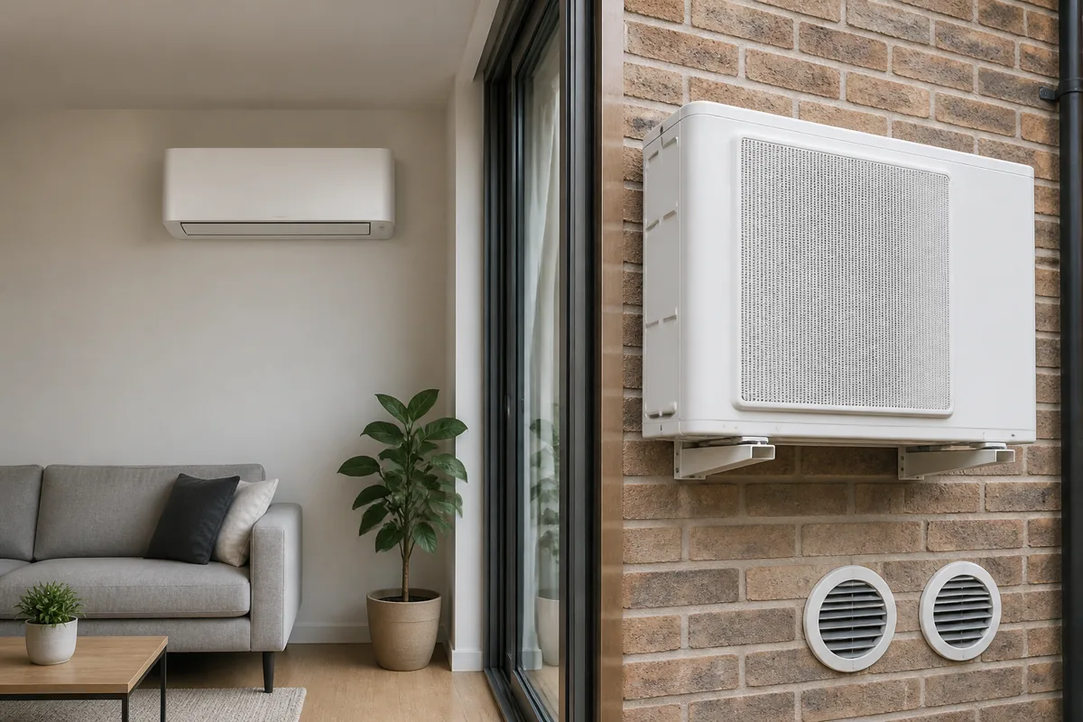 Monobloc air conditioning unit on an interior wall with two vent grilles through UK brickwork