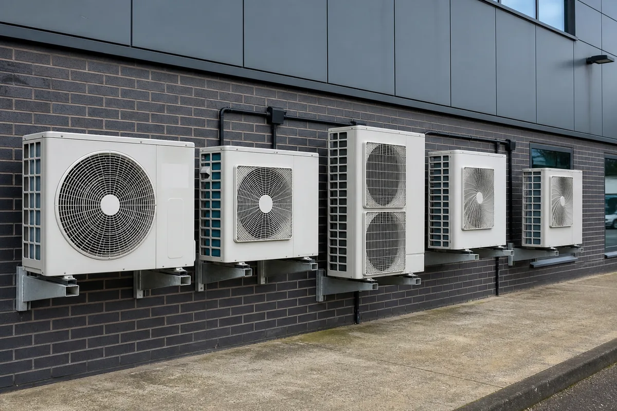 Row of air conditioning outdoor units from different brands along a UK commercial building wall