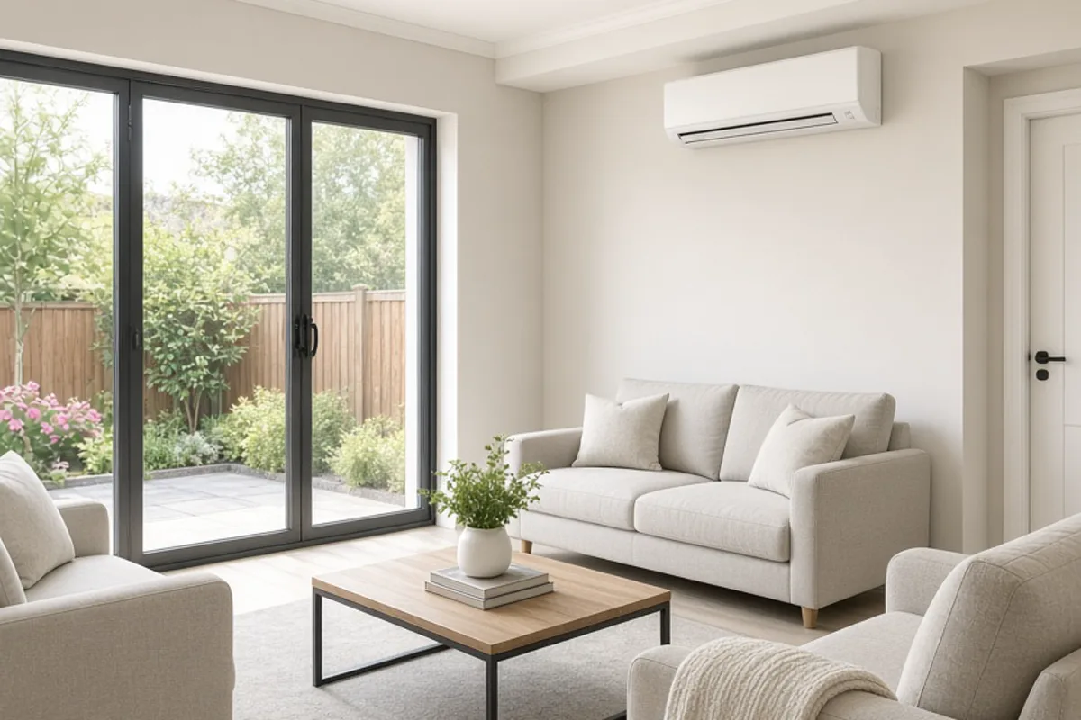 UK new-build living room with a wall-mounted heat-pump air conditioner and large glazed doors