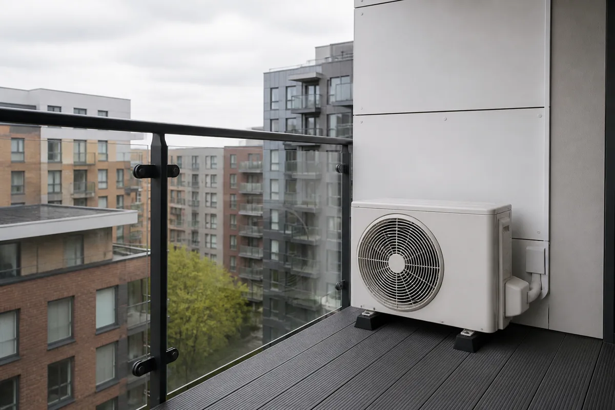 Apartment balcony with a compact air conditioning condenser neatly installed against the wall