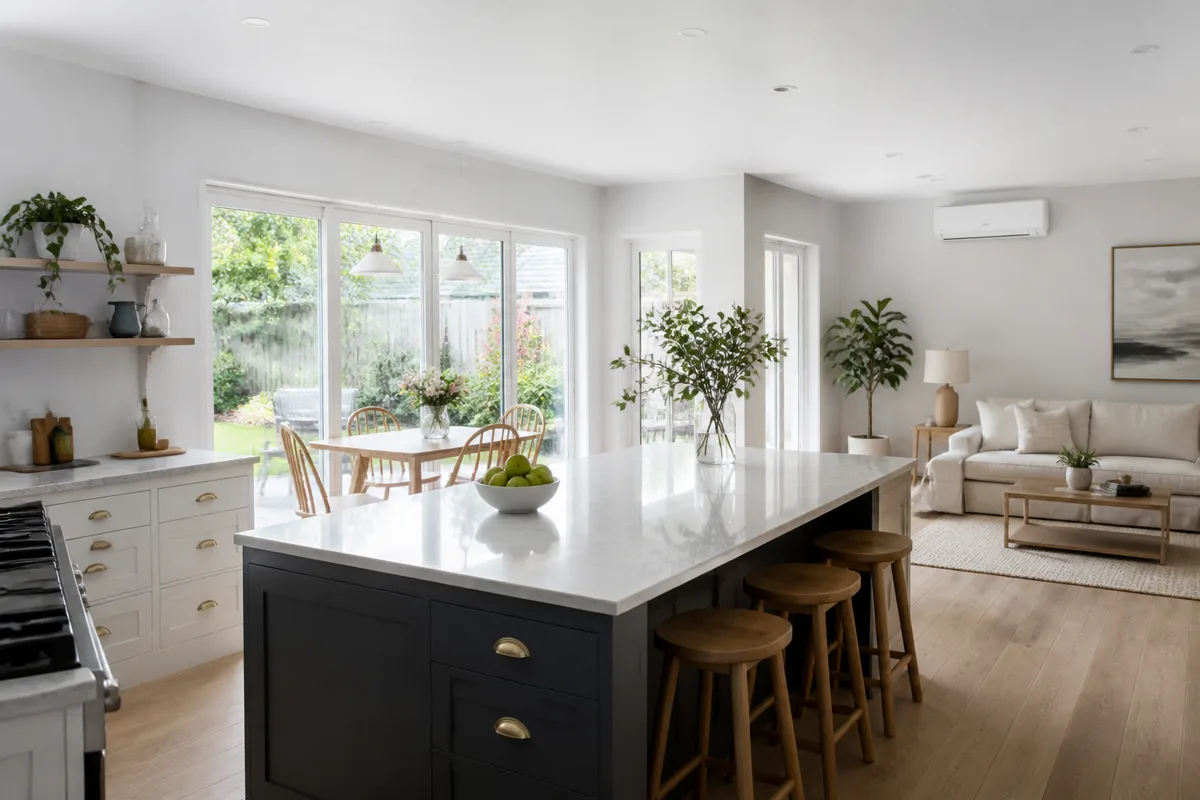 Open plan kitchen living room with a discreet wall air conditioner above a dining table