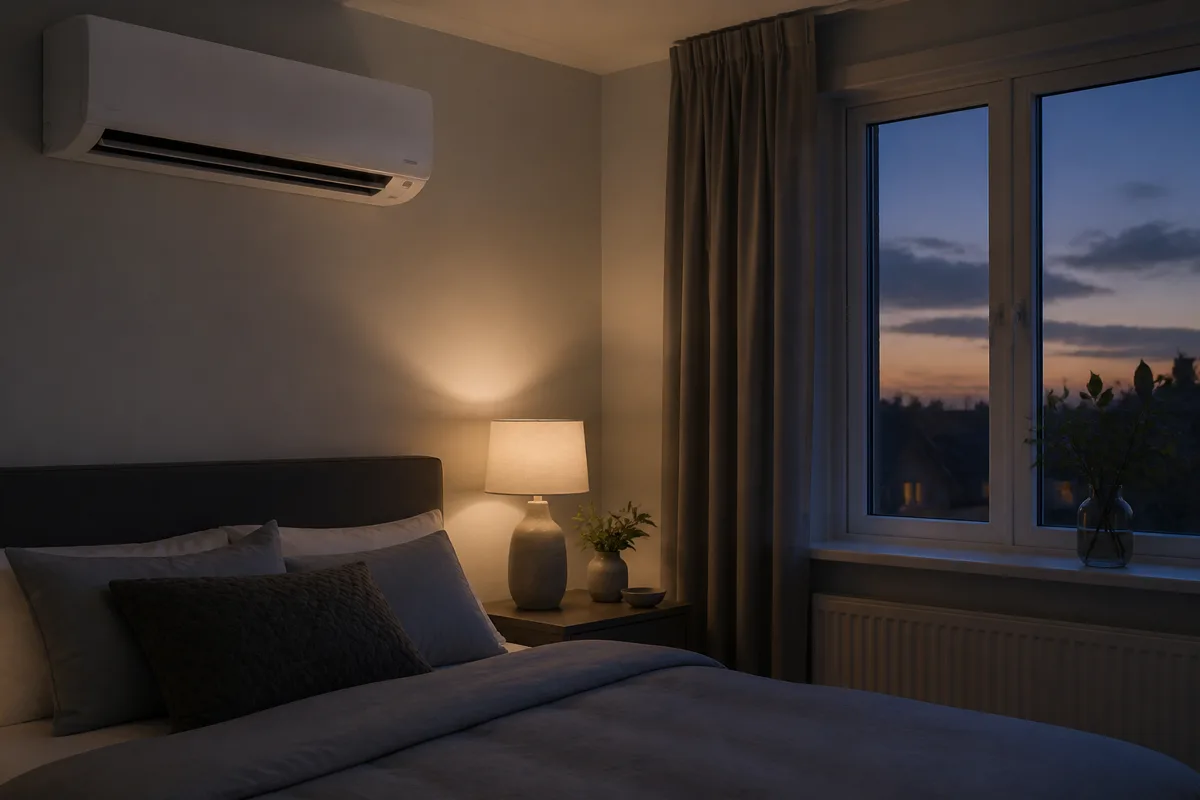 Bedroom at night with a wall mounted air conditioner on a quiet low setting