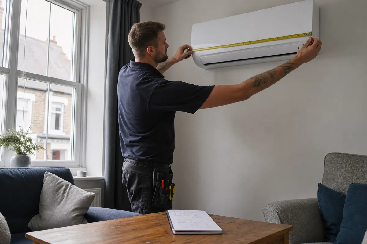 Engineer measuring a wall-mounted indoor air conditioning unit in a UK living room