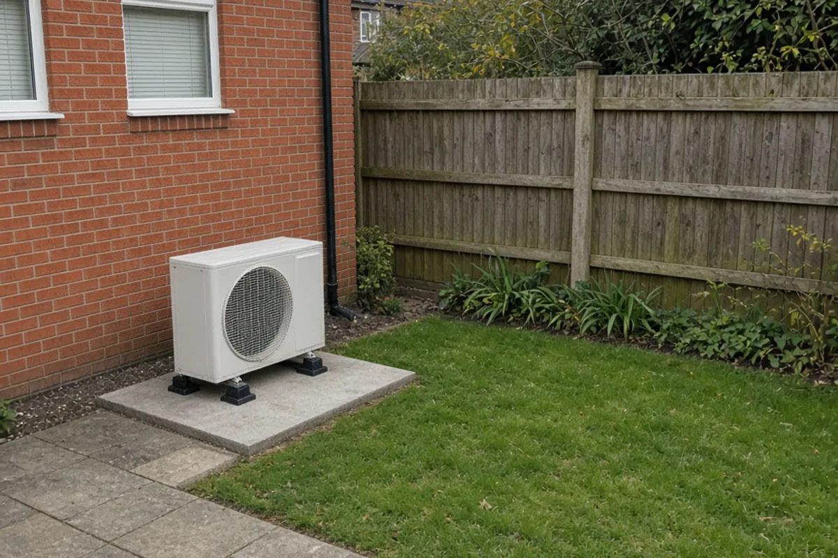 UK bungalow with a discreet rear-garden air conditioning outdoor unit on anti-vibration feet