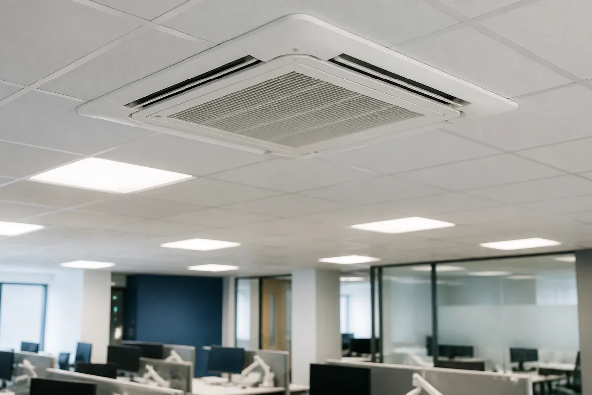 Four way ceiling cassette air conditioning unit installed in a suspended office ceiling grid