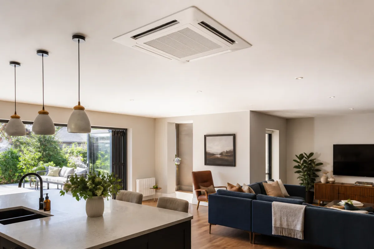 Compact ceiling cassette air conditioning unit in a modern UK open plan kitchen living room