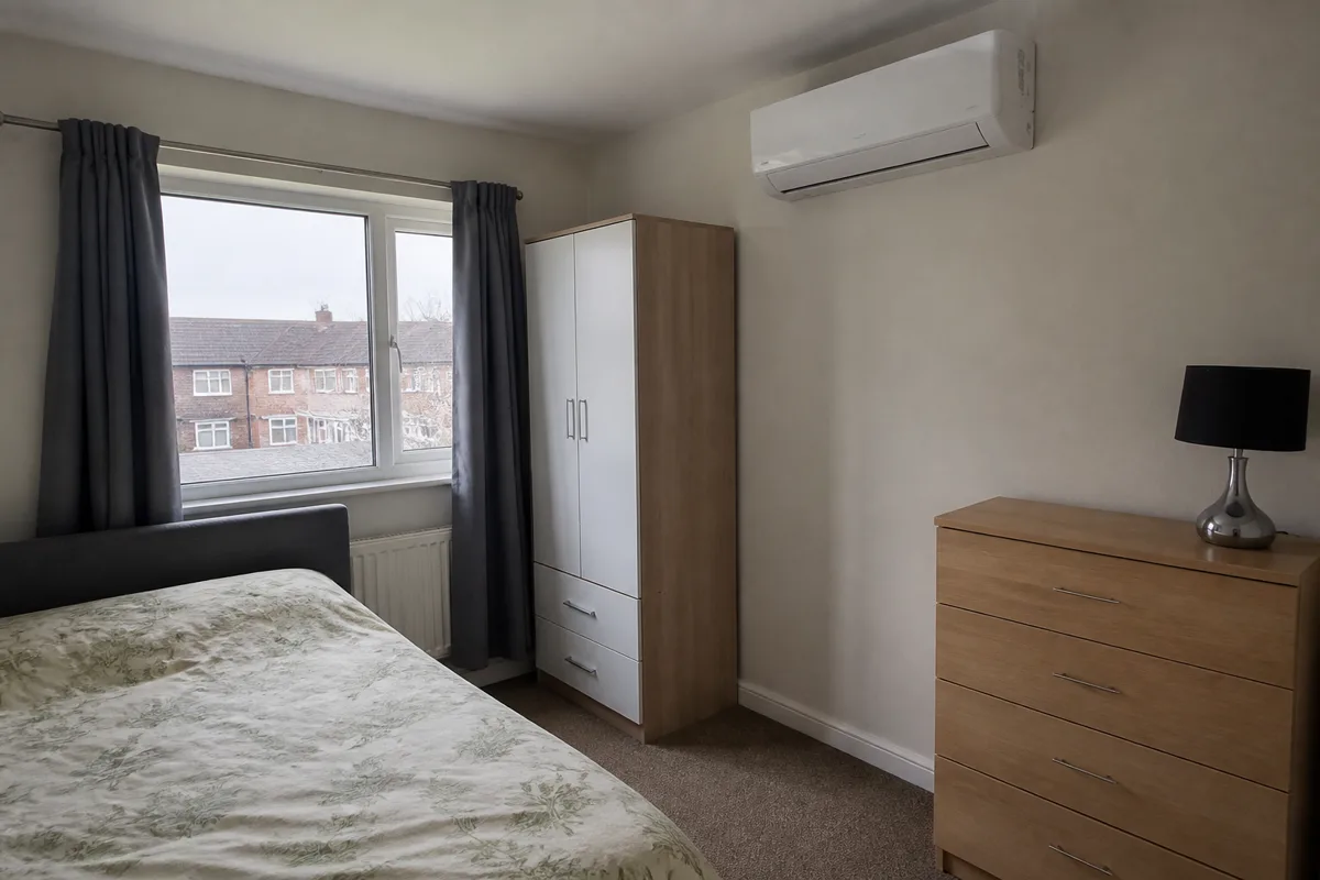 Budget split air conditioner indoor unit on a rental bedroom wall