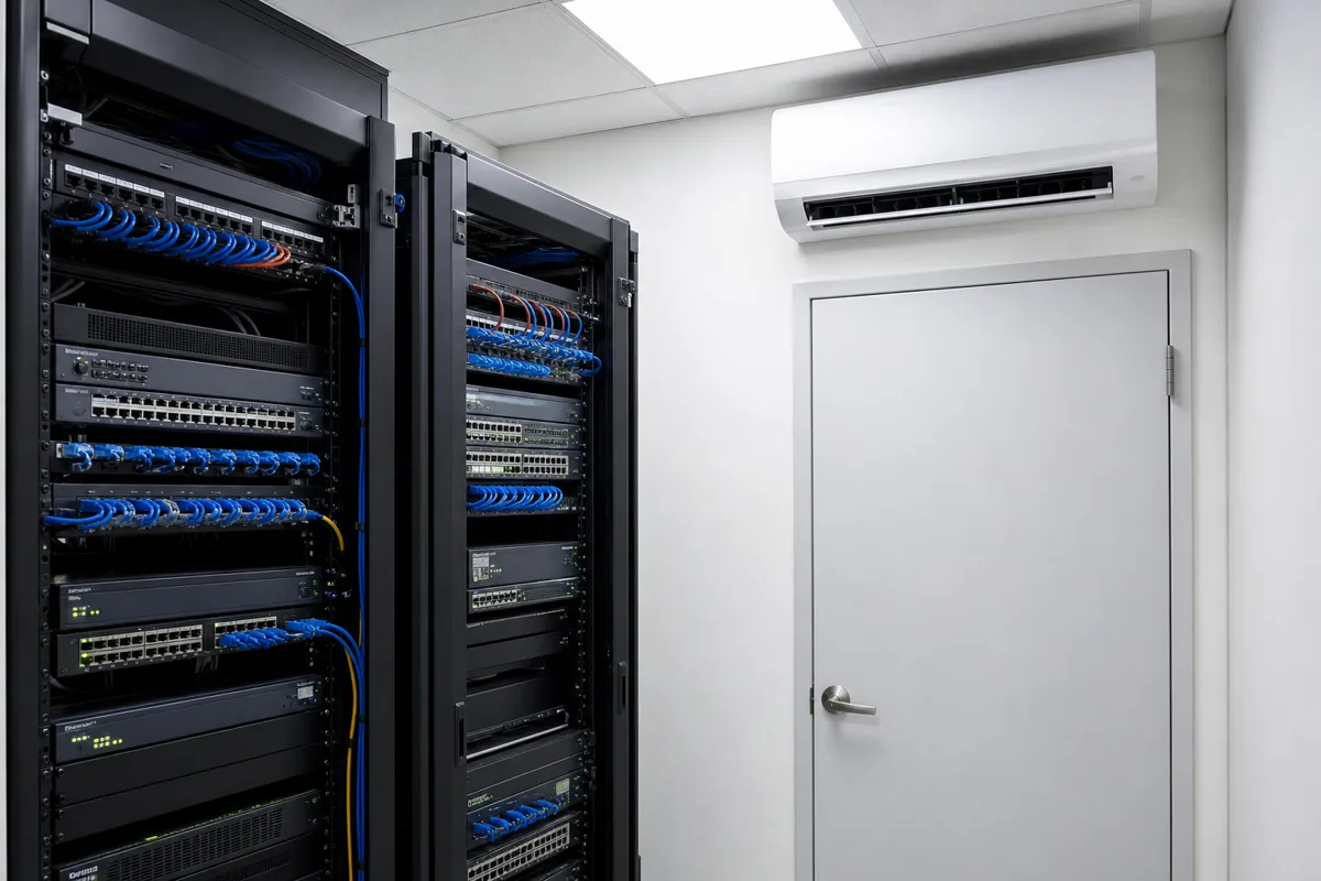 Compact comms room with network racks and a wall mounted air conditioning unit above the door