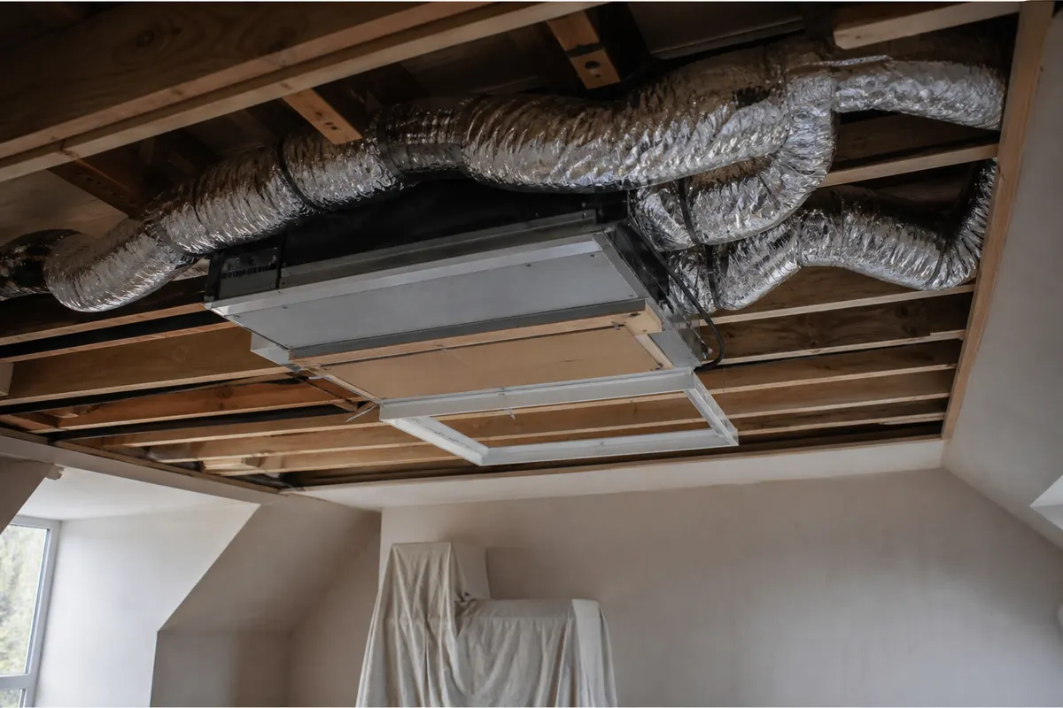 Concealed ducted air conditioning indoor unit in an open UK ceiling void during renovation