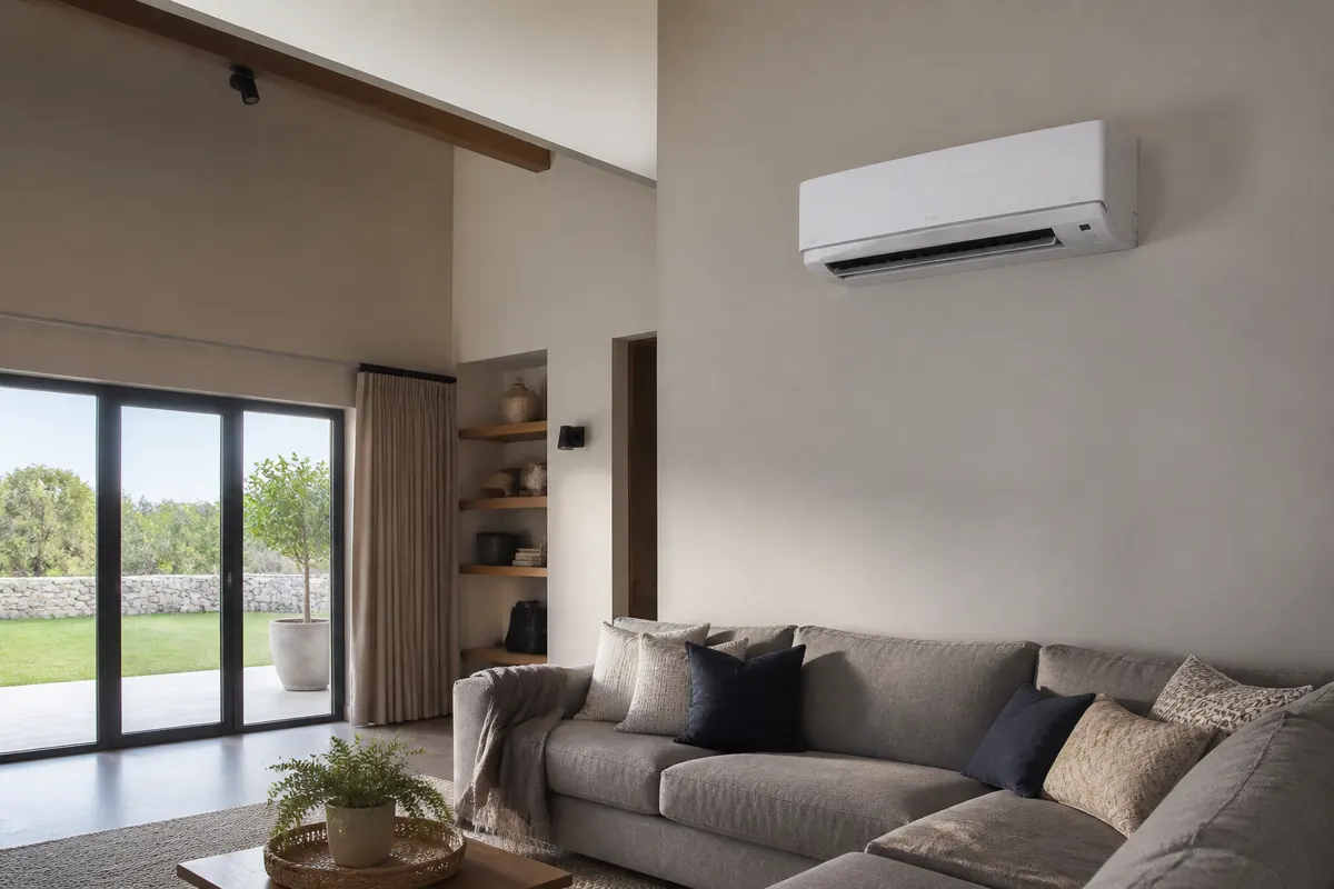 Large wall-mounted indoor air conditioner in a spacious UK living room with patio doors