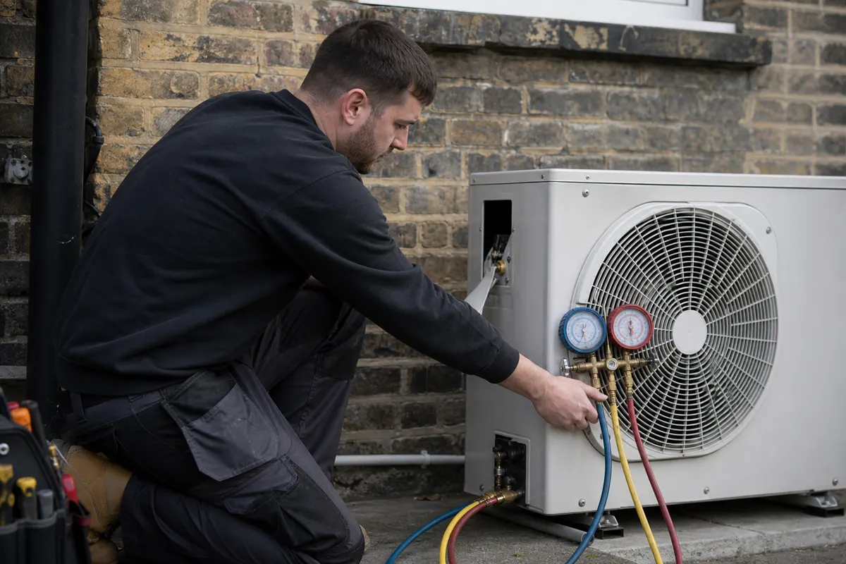 Air conditioning technician using gauges on an outdoor condenser against a UK brick wall
