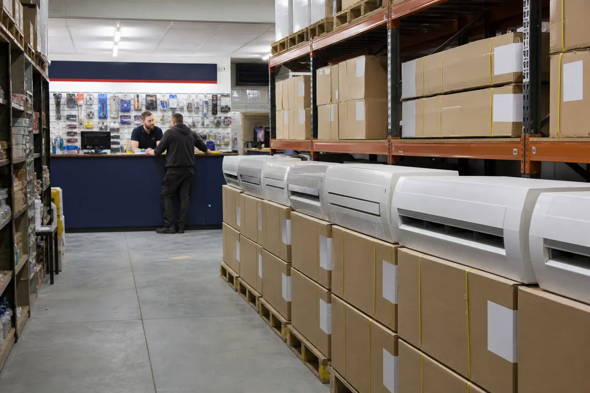 UK trade merchant aisle with boxed air conditioning indoor units on pallets