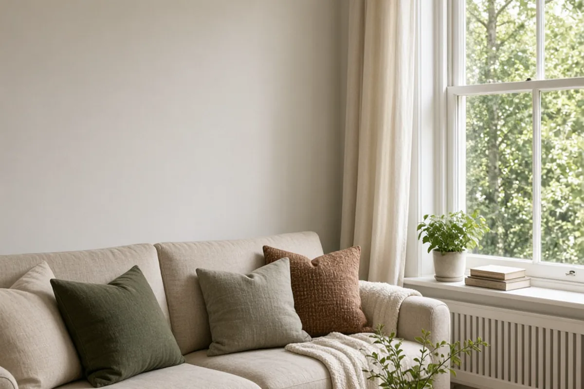White wall mounted split air conditioner on a UK living room wall above a sofa