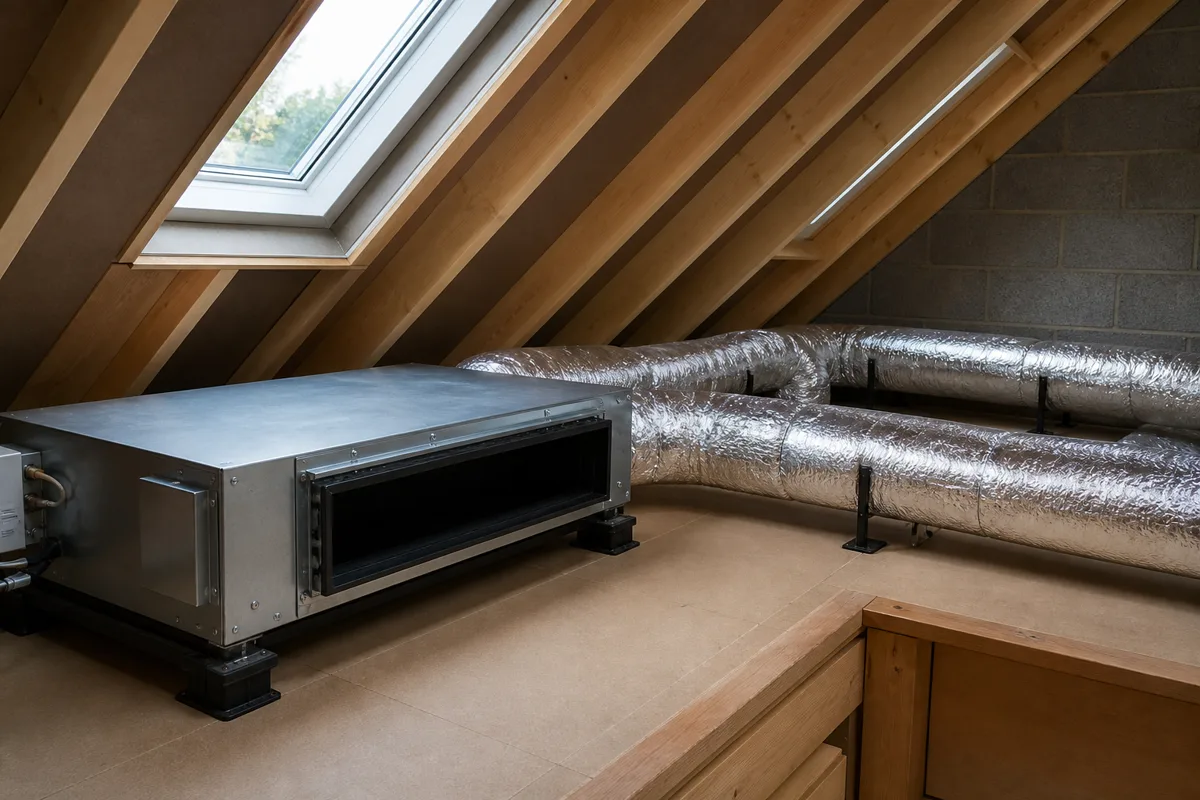 Concealed ducted air conditioning indoor unit with insulated ductwork in a UK loft space