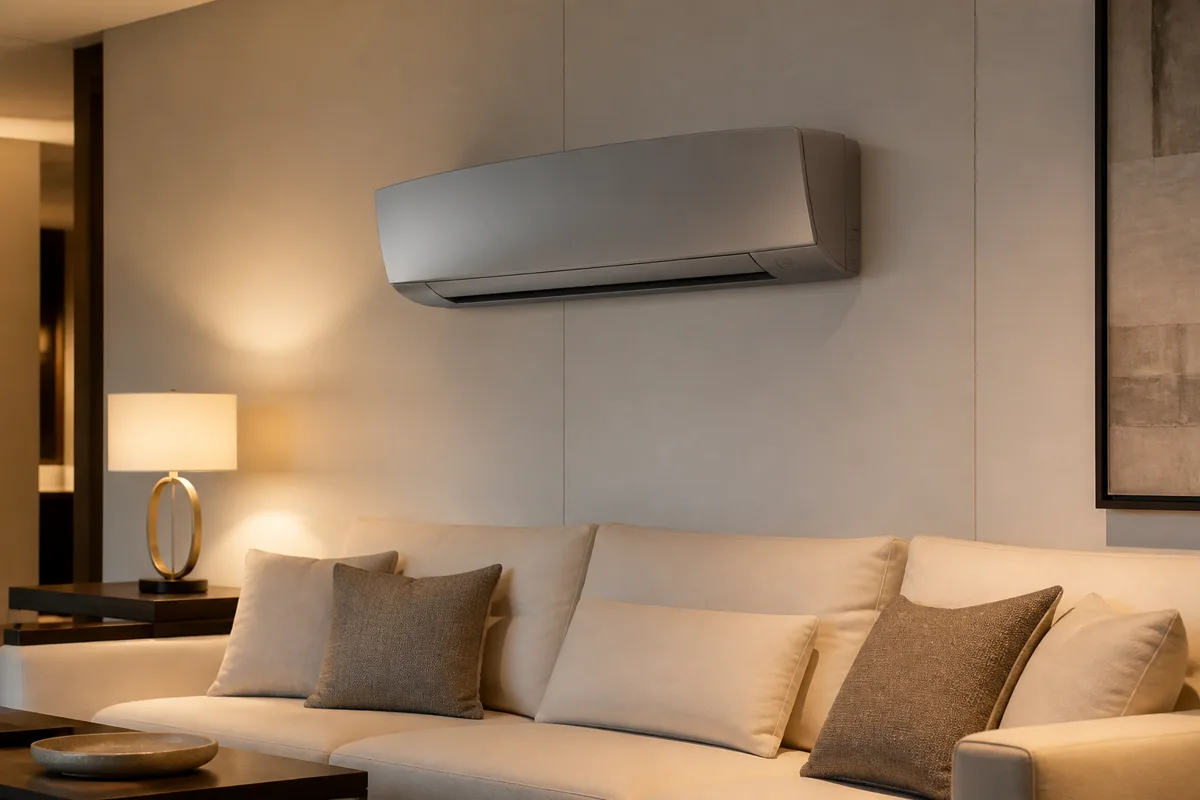 Curved designer wall air conditioner on a white living room wall with a sofa below