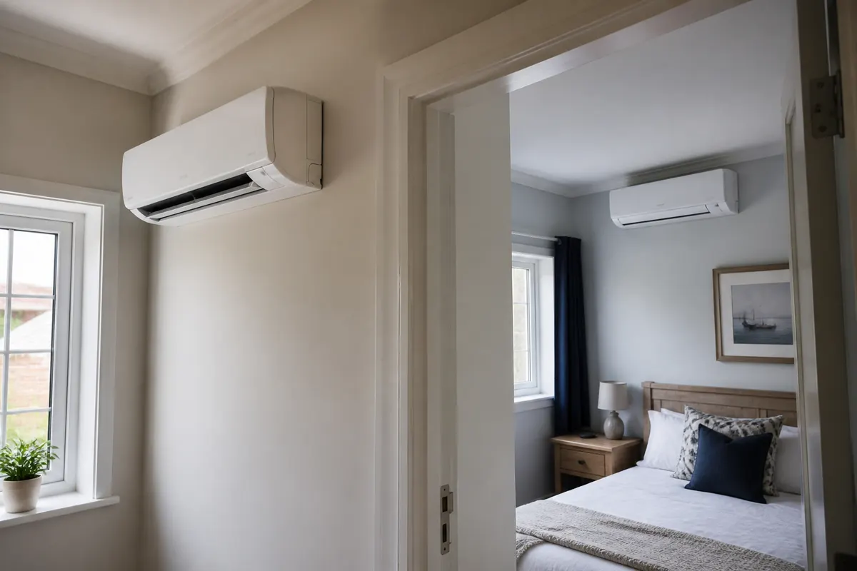 Two wall-mounted indoor air conditioning units in adjoining rooms of a UK home