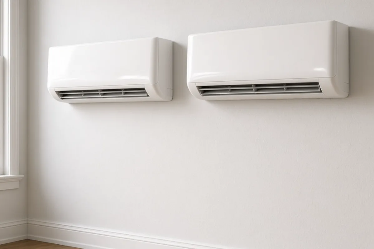 Two white wall mounted air conditioners of similar size on adjacent showroom walls