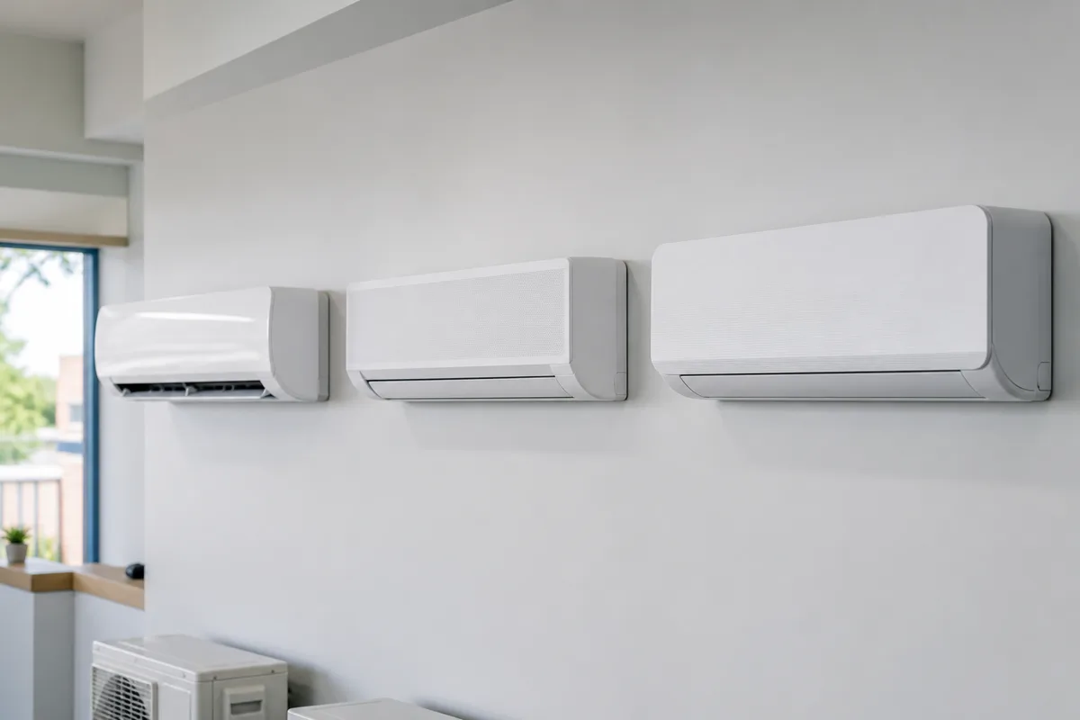 Three wall mounted air conditioning units of different designs on a showroom wall