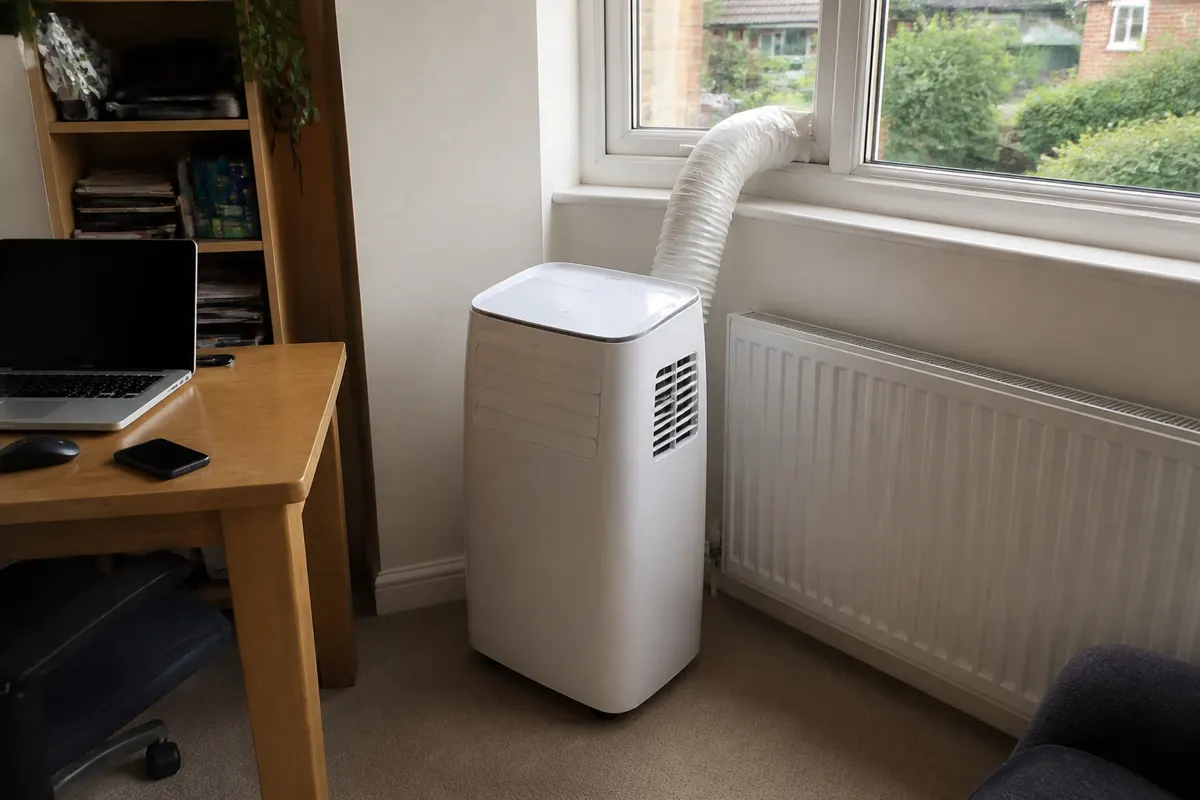 Portable air conditioner with exhaust hose in a small UK home office