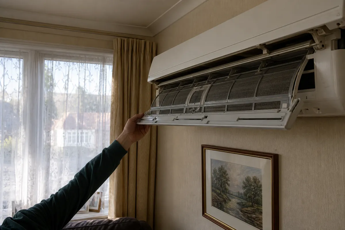 Wall-mounted indoor air conditioner with the underside filter cover lowered in a UK living room