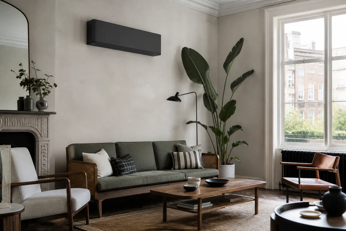 Designer dark-panel wall-mounted air conditioner in a modern London living room