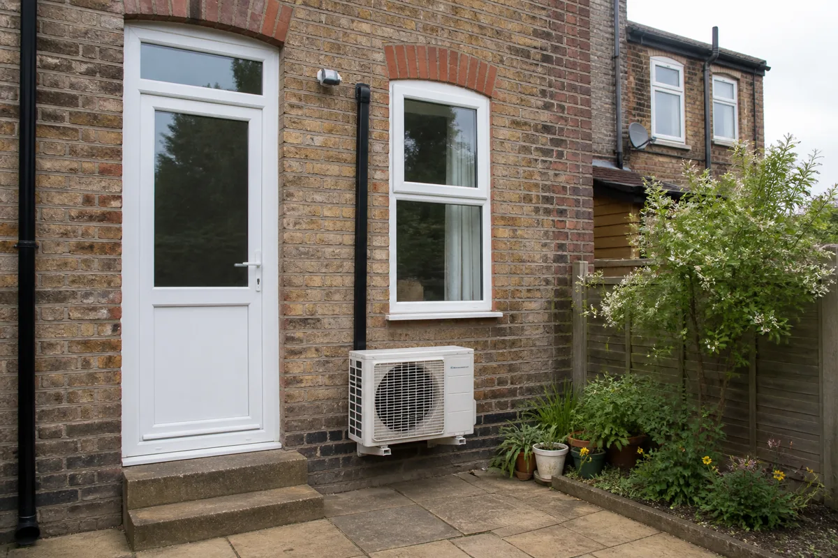 Outdoor air conditioning condenser mounted low on the rear wall of a UK terraced house