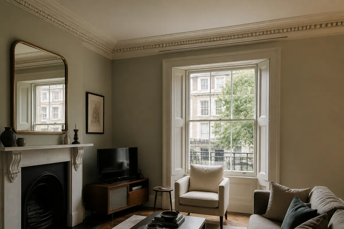 Period London living room with discreet ceiling supply grilles for ducted air conditioning