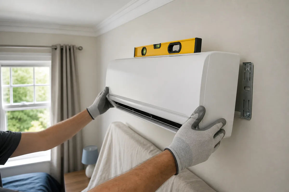 Wall mounted ductless split air conditioner indoors with outdoor condenser on a brick wall