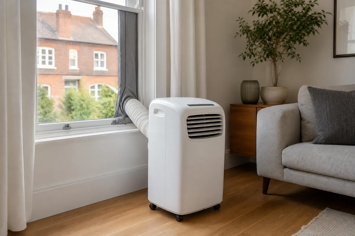 Portable free standing air conditioner with exhaust hose venting through a UK sash window