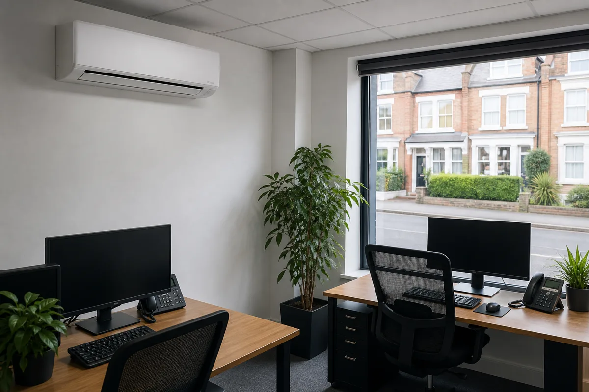 Wall mounted air conditioning unit cooling a small UK office with desks and plants