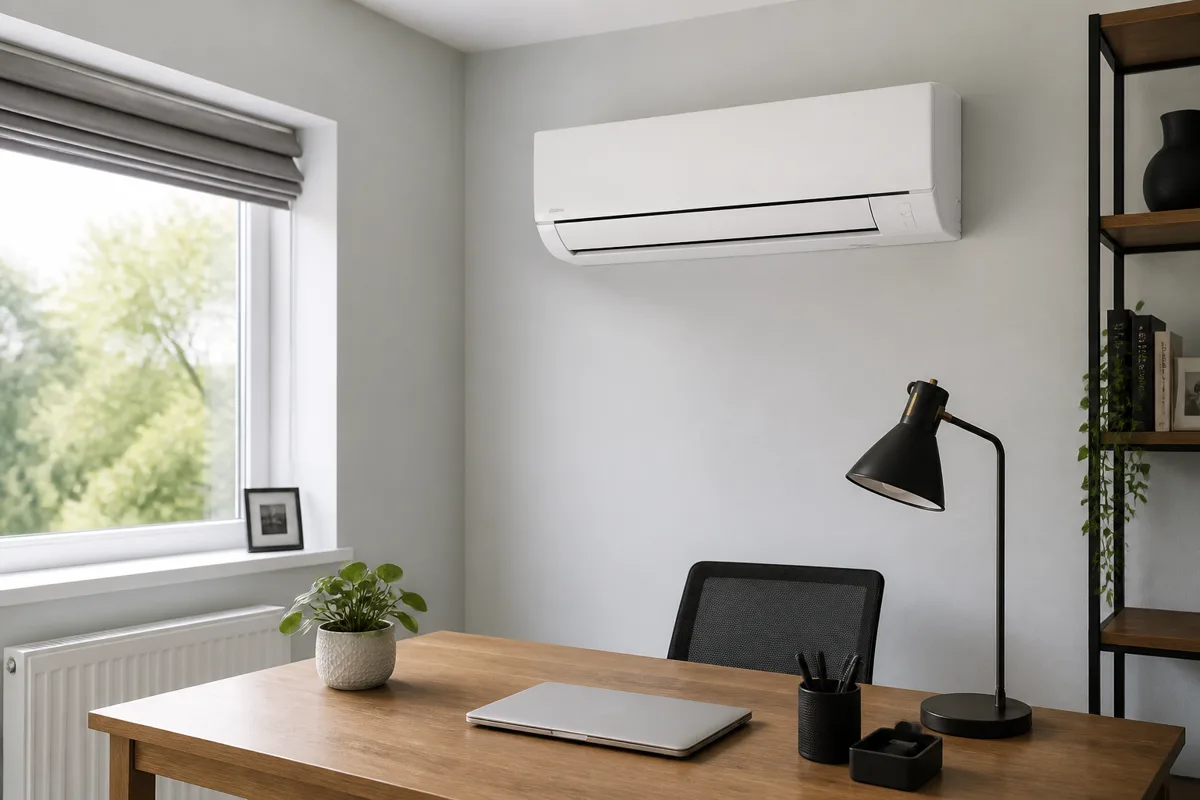 White wall mounted air conditioner in a simple UK home office with a desk