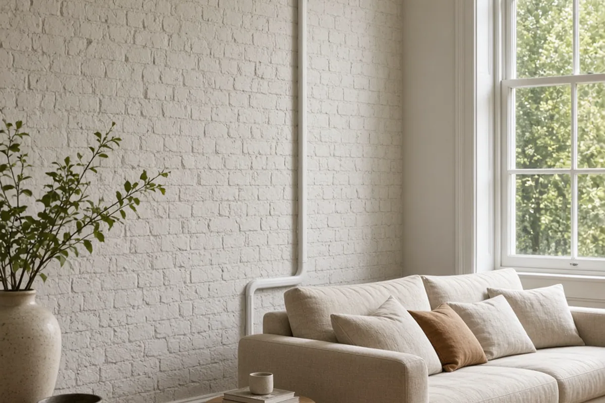 UK living room after a domestic split system installation with a wall unit and discreet pipe cover
