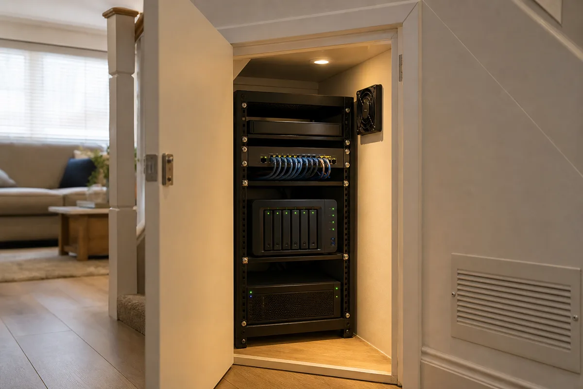 Small home server rack in an under stairs cupboard with a compact cooling fan and tidy cables