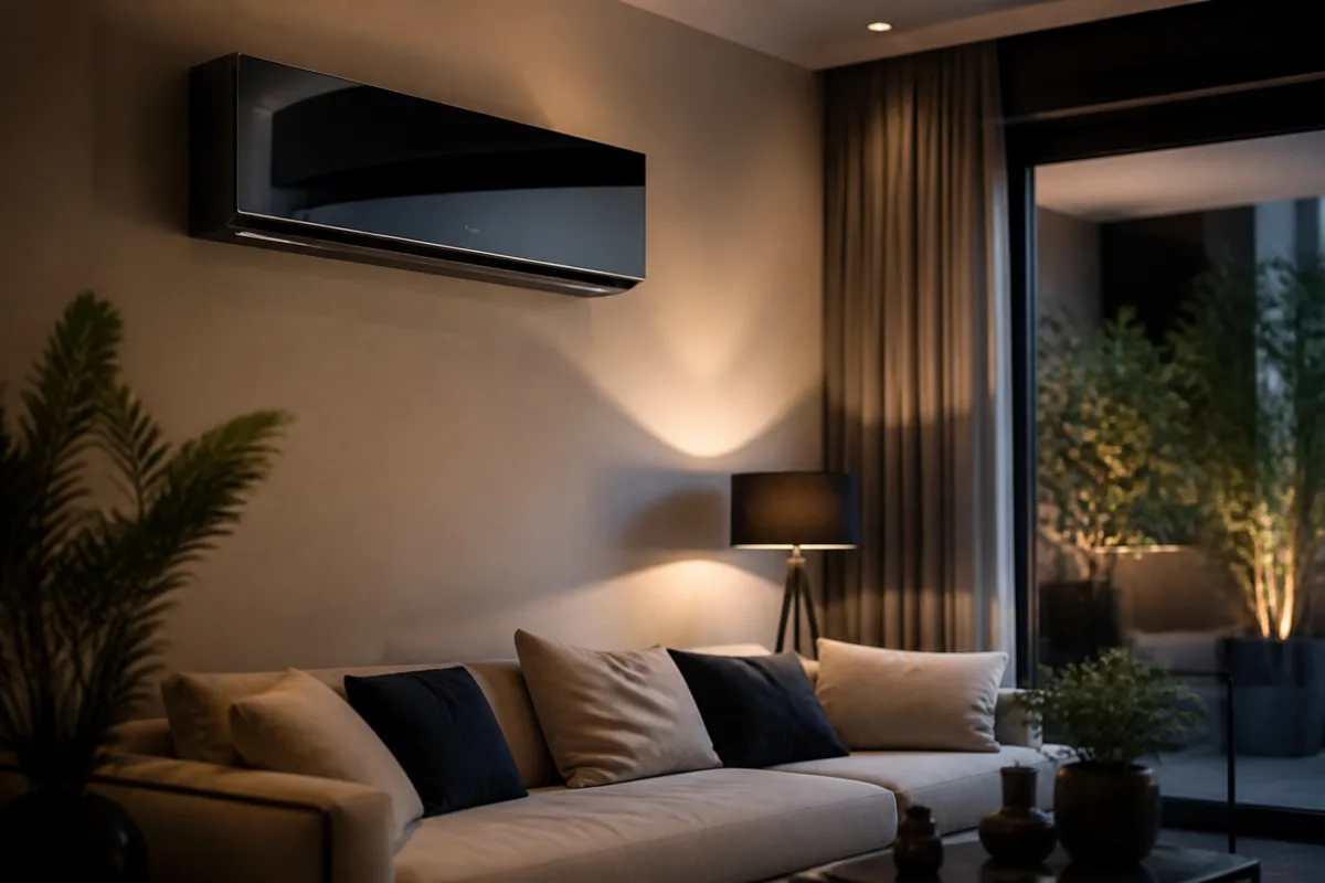 Slim designer wall mounted air conditioning unit in a contemporary UK living room with mirror finish