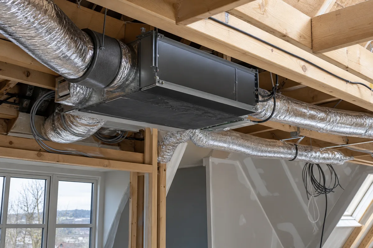 Mitsubishi style concealed ducted air conditioning unit above a ceiling with branch ducts
