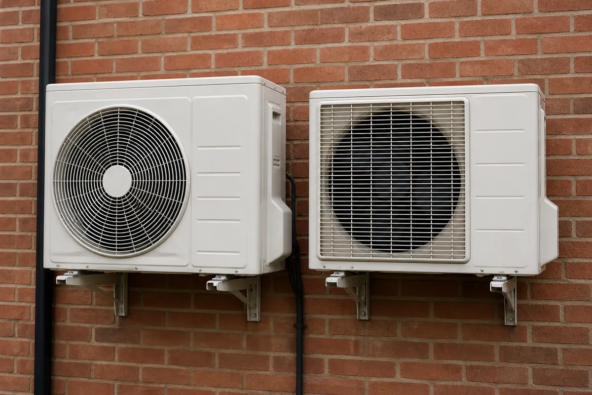 Two outdoor air conditioning condensers side by side on brackets against a UK brick wall