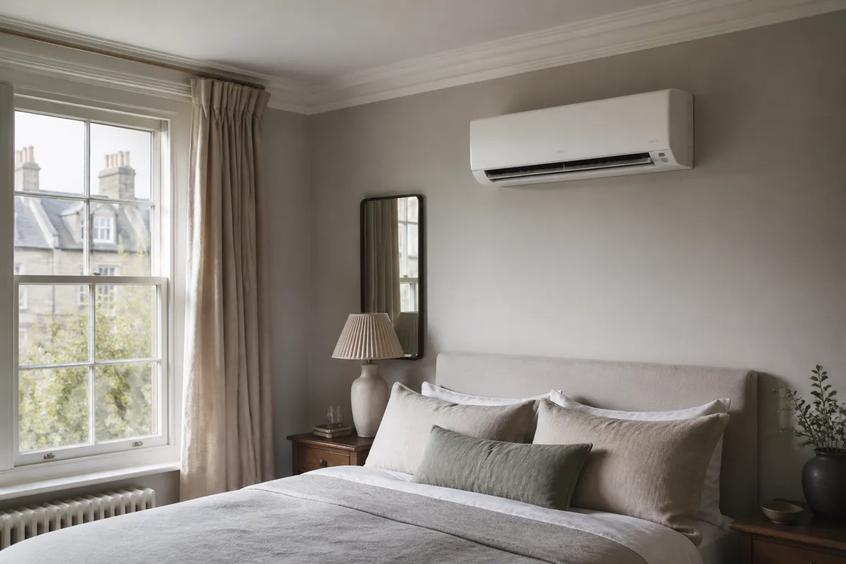 Premium wall mounted air conditioner on a bedroom wall above a made bed