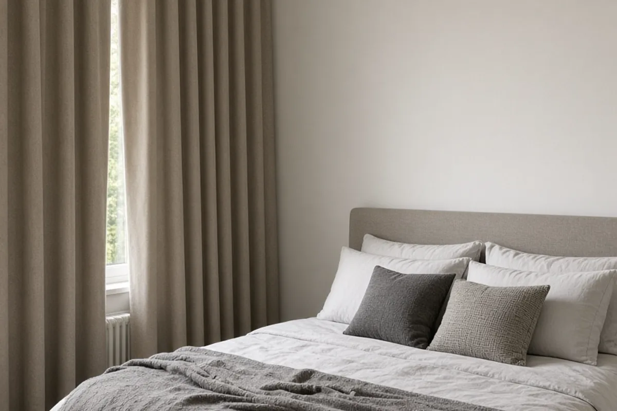 White Mitsubishi-style wall mounted air conditioner in a UK bedroom with curtains closed