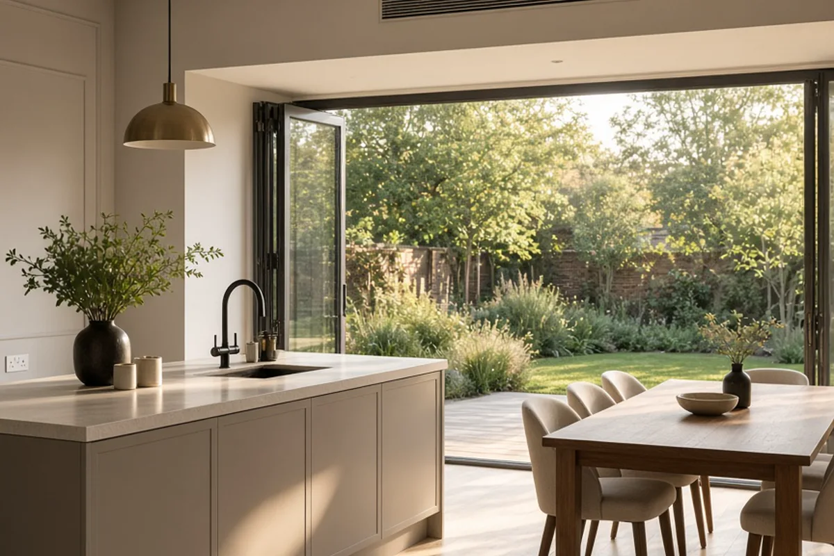 UK open-plan kitchen diner with bi-fold doors and a discreet high-level air conditioning grille