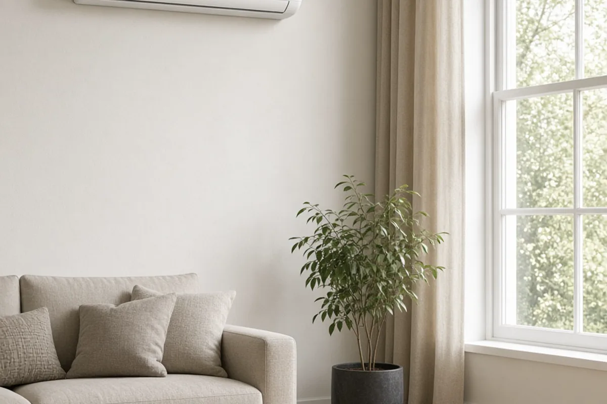 Modern wall mounted air conditioner on a pale UK living room wall with a large window