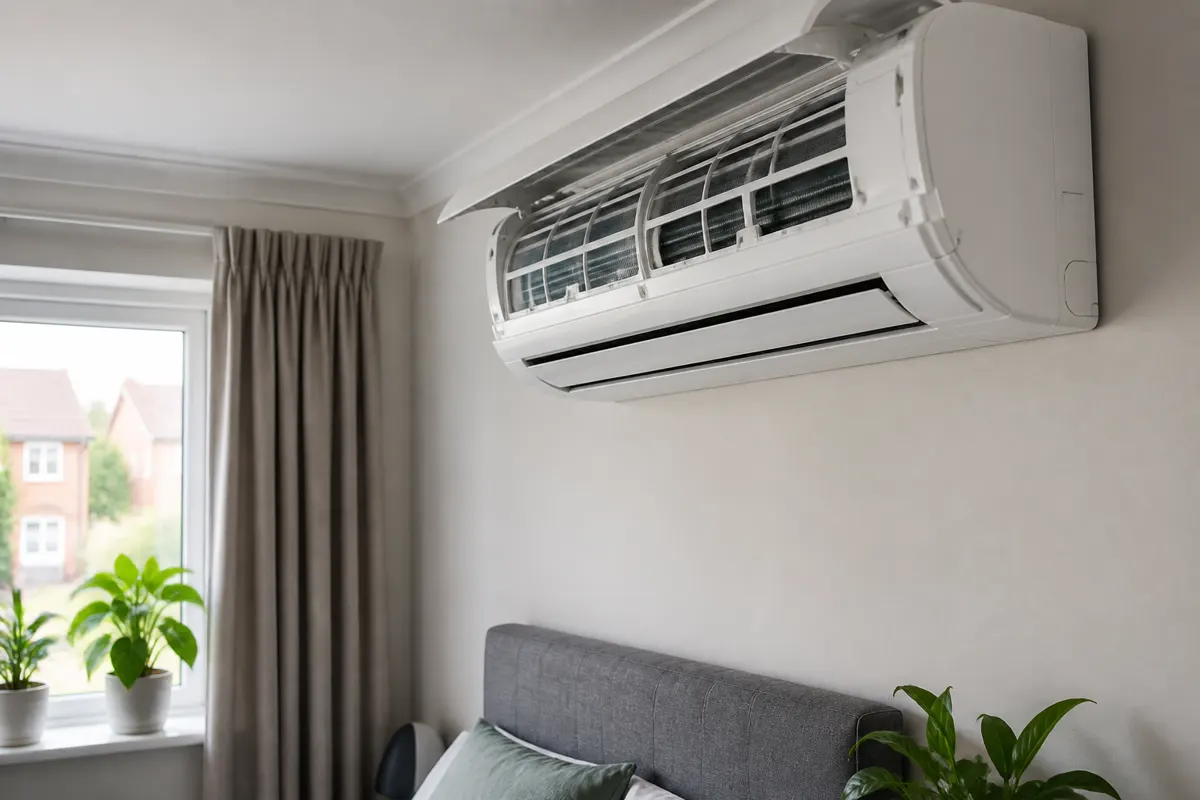 Wall-mounted indoor air conditioner with the front panel open showing a clean filter in a UK bedroom