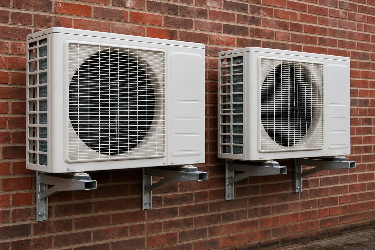 Two outdoor condensers of similar size mounted on brackets on a UK brick wall