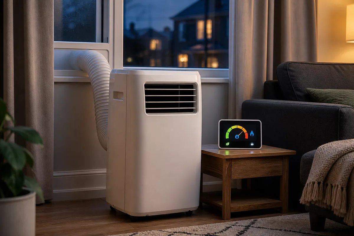 Portable air conditioner beside a smart meter energy display in a UK living room