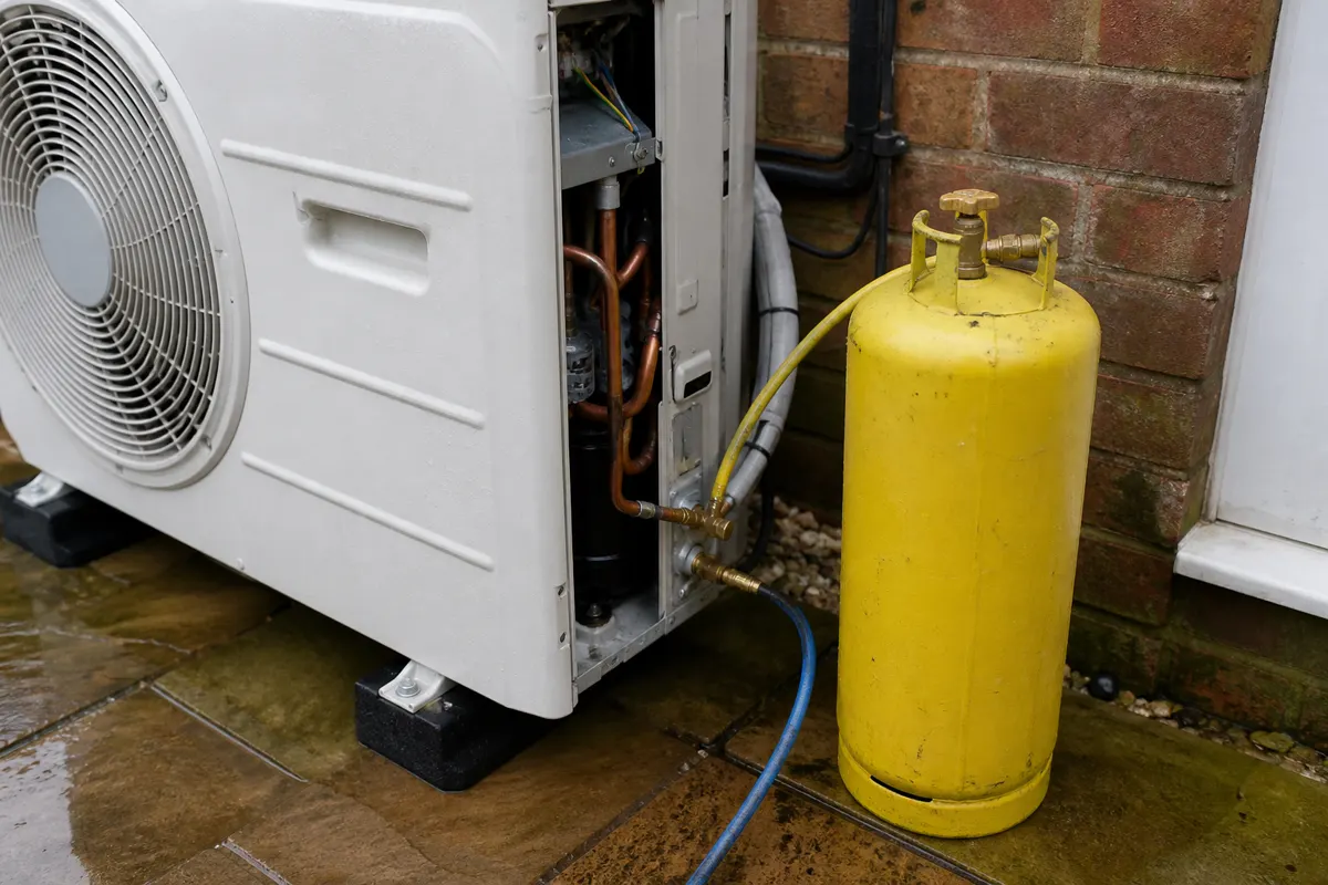 Outdoor condenser service panel and copper pipework on a UK patio during maintenance